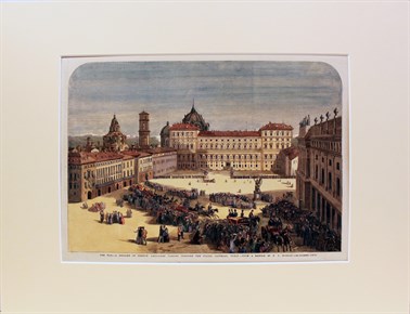 The war. A brigate of french artillery passing trough the Piazza Castello, Turin